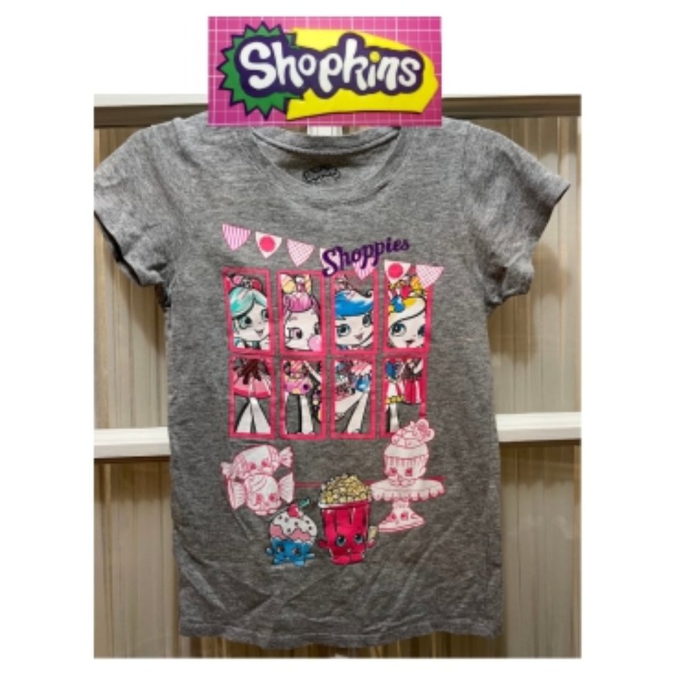 Shopkins t-shirt; gray with "shoppies" graphic on front; girls' size M